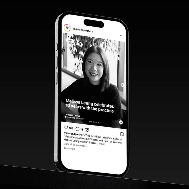 A phone mockup displays a Fraser & Partners Instagram post celebrating Melissa Leung's ten years with the practice.