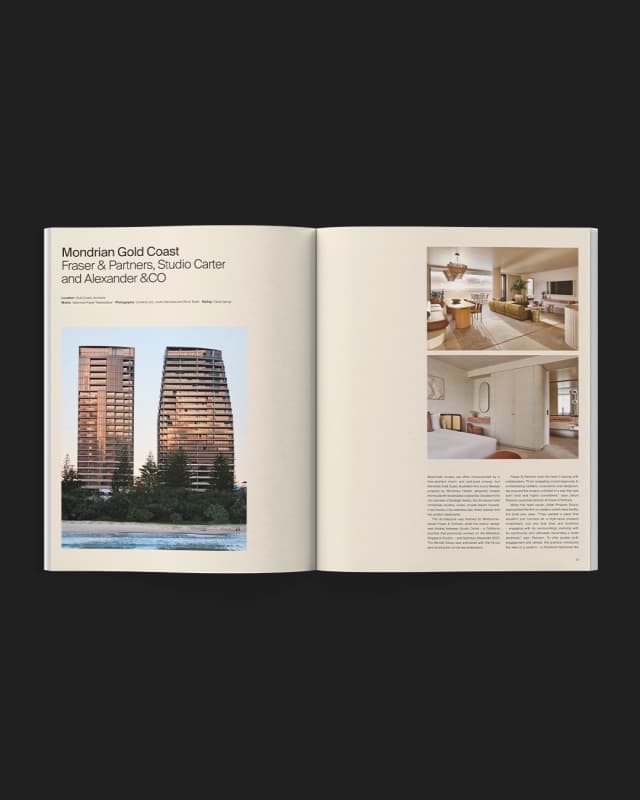 A magazine spread features the Mondrian Gold Coast hotel project by Fraser & Partners, Studio Carter and Alexander & CO.