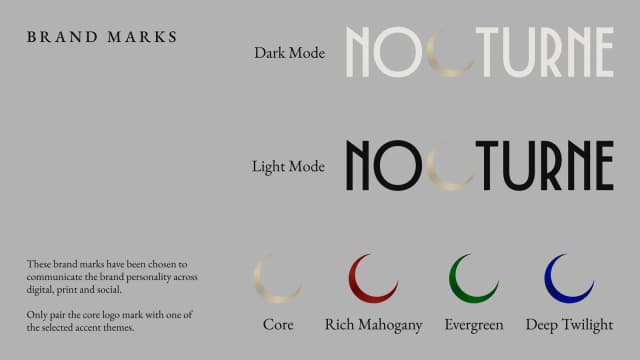 The Nocturne crescent brand mark shown four times in Pale Oak, Rich Mahogany, Evergreen and Deep Twilight, above the light and dark wordmarks.