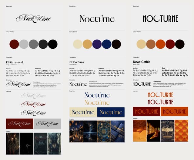 Three Nocturne brand direction boards side by side: a gothic script route, a celestial serif route, and an Art Deco route, each showing a logotype, colour palette, typography and imagery.