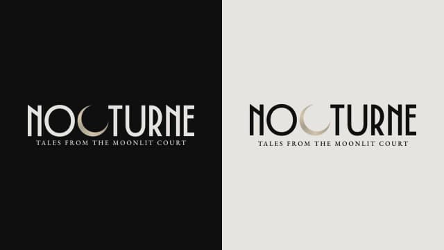 The Nocturne wordmark shown in dark mode on an Onyx ground and light mode on a Bone ground, with the crescent moon replacing the letter C.