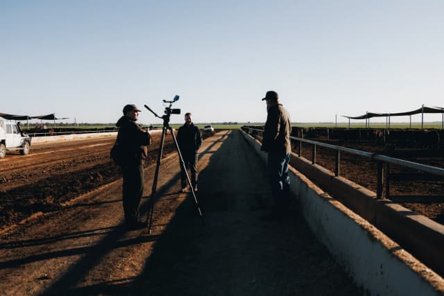 Lucky Boy crew filming an interview at the feedlot at Garah in early morning light