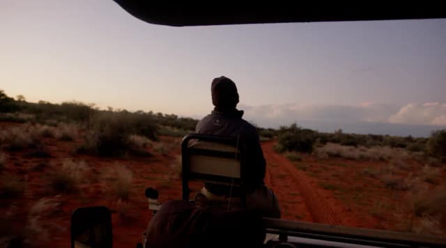 A person sits in an open safari vehicle watching the bushland at dusk during a South African shoot.