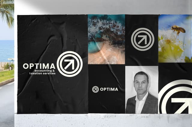 Poster mockups display the Optima Accounting and Taxation Services logo alongside nature photography and a portrait on a black wall.