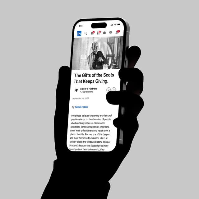 A hand holds a phone displaying a LinkedIn article by Callum Fraser titled The Gifts of the Scots.