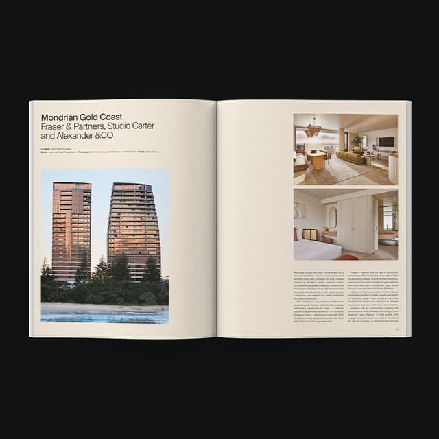 A magazine spread features the Mondrian Gold Coast hotel project by Fraser & Partners and collaborators, an example of PR coverage.