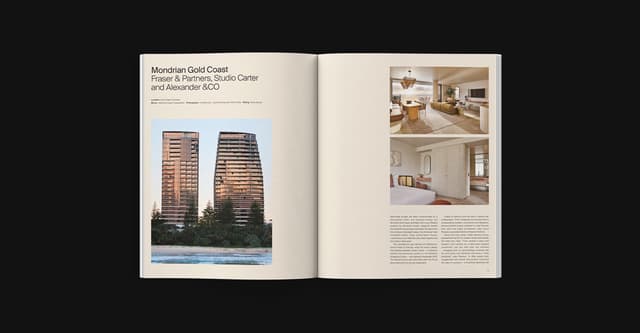 A magazine spread features the Mondrian Gold Coast hotel project by Fraser & Partners and collaborators.