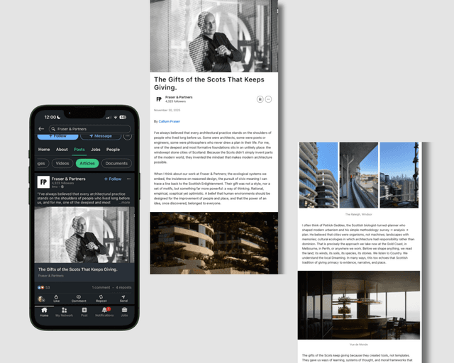 Phone and page mockups show a Fraser & Partners LinkedIn article titled The Gifts of the Scots, alongside building photos.
