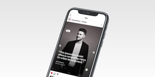An Instagram post on a phone shows a portrait and a quote from Jarryd Pearson, Associate Director.