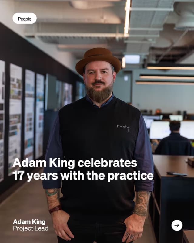 A social media post celebrates Fraser & Partners project lead Adam King's 17th work anniversary, shown in the studio.