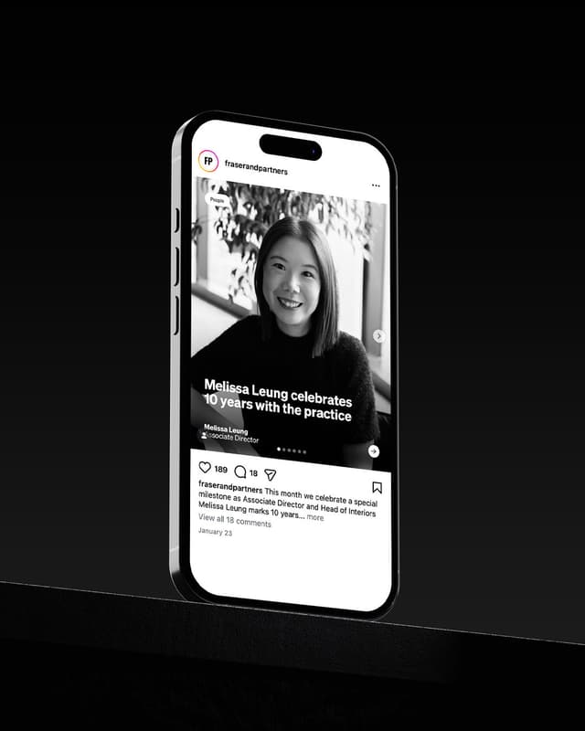 A phone displays a Fraser & Partners Instagram post celebrating Associate Director Melissa Leung's ten year work anniversary.