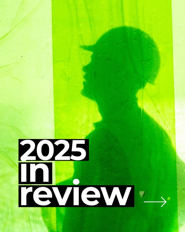 A green-toned '2025 in review' social graphic features a silhouetted figure in a cap for Usher Group.