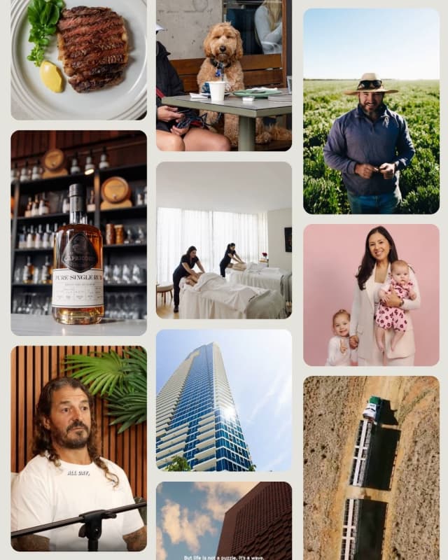 A grid of social media content tiles featuring food, lifestyle, farming and client photography styles.