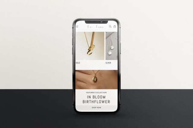 A smartphone mockup displays the La Lune jewellery website, showing gold and silver necklace product photos.