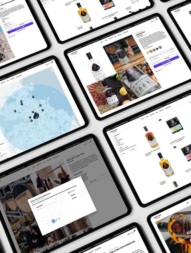 Tablet mockups display multiple pages of the Capricorn Distilling Co ecommerce website, including product, tour and map pages.