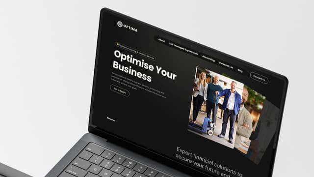 A laptop screen displays the Optima Accounting and Taxation Services homepage with the headline Optimise Your Business.