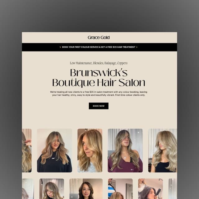 A framed monitor displays the Grace Gold hair salon website homepage advertising Brunswick's boutique hair salon and a booking offer.