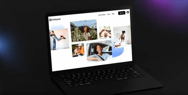 A laptop displays the Giftbank website homepage with a grid of family photo thumbnails.
