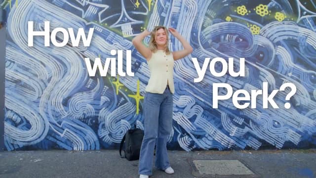 A woman dances in front of a blue mural beside the text How will you Perk, for an Australia Post campaign.