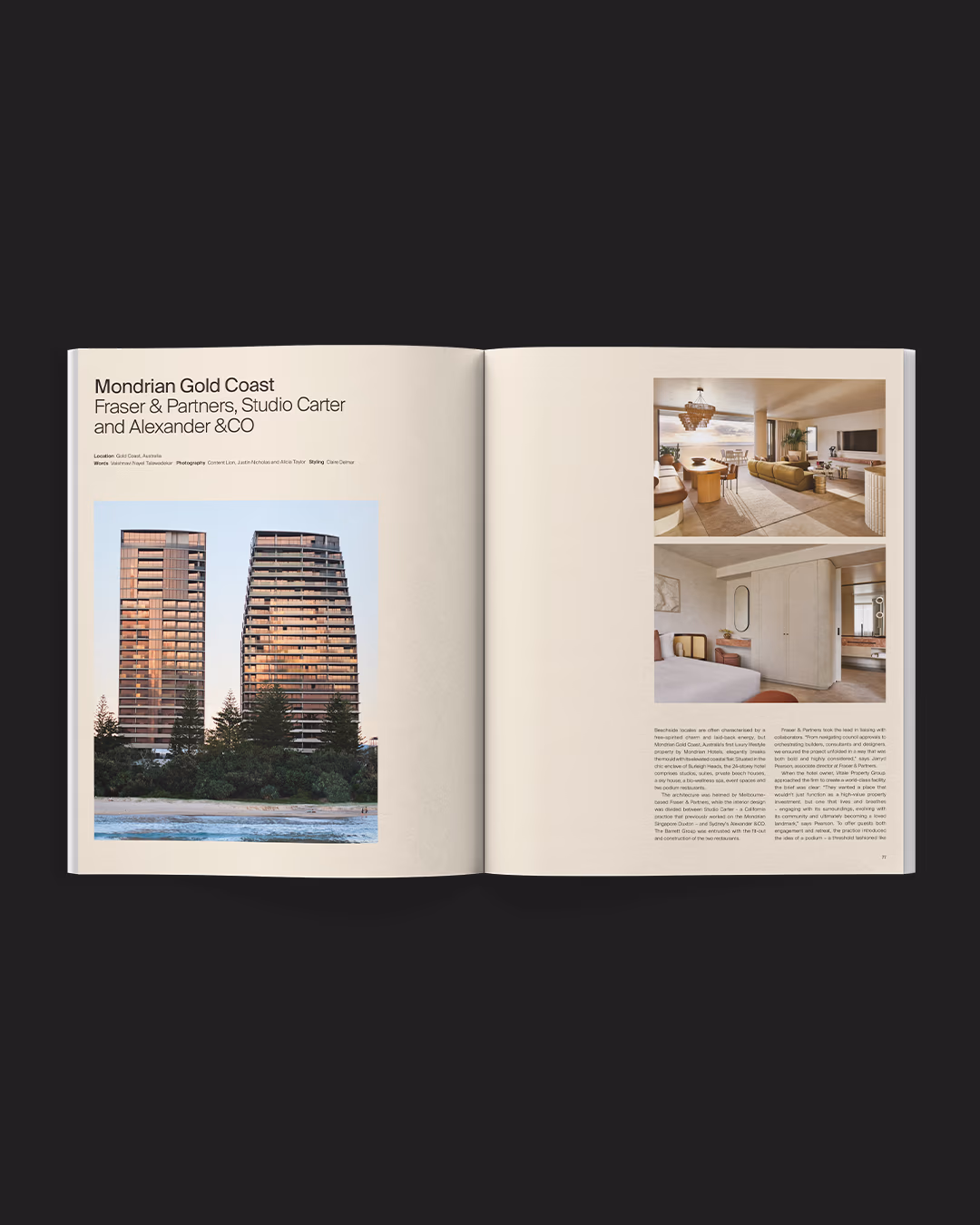 An open magazine spread featuring the Mondrian Gold Coast towers by Fraser & Partners, Studio Carter and Alexander &CO.