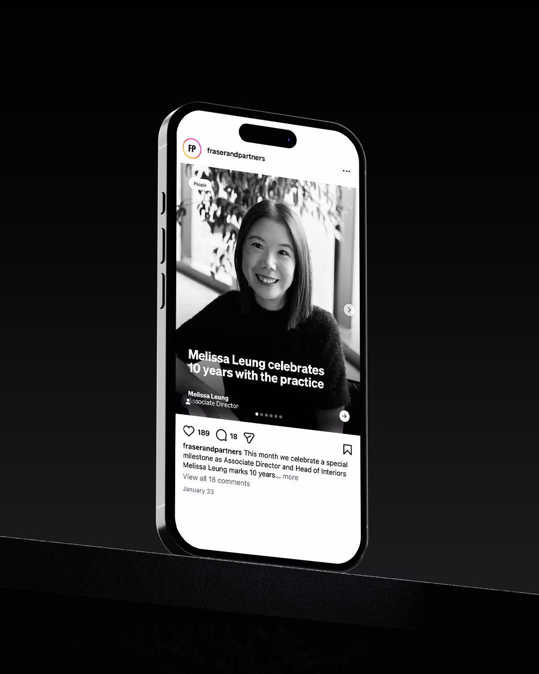 A phone showing a Fraser & Partners Instagram post celebrating Melissa Leung and 10 years with the practice.