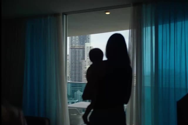 A silhouette of a woman holding a child looking out over the Gold Coast skyline from a Hilton Surfers Paradise room.