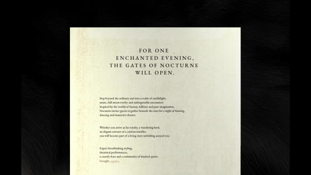 An invitation card reads for one enchanted evening, the gates of Nocturne will open.