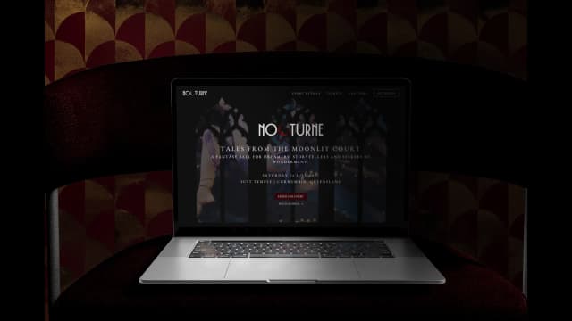 The Nocturne event website homepage shown on a laptop against a dark red and gold backdrop.