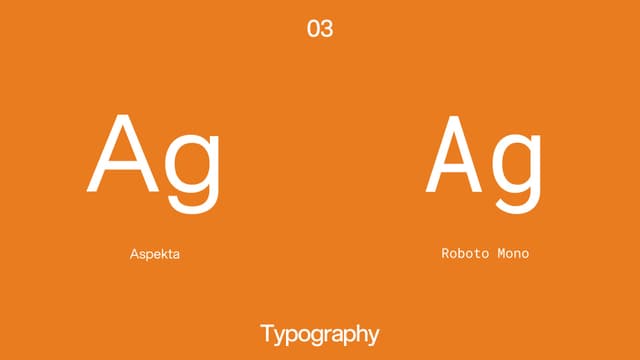 The typography page of the guideline, pairing Aspekta with Roboto Mono on Harvest Orange.
