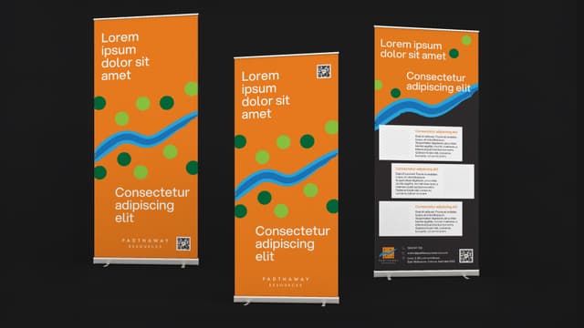 Three Padthaway pull up banners in Harvest Orange, carrying the river motif and the seed dots.