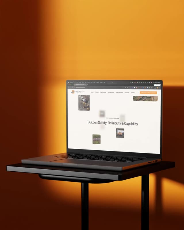 A laptop displays the Padthaway Resources website homepage against a warm orange studio background.