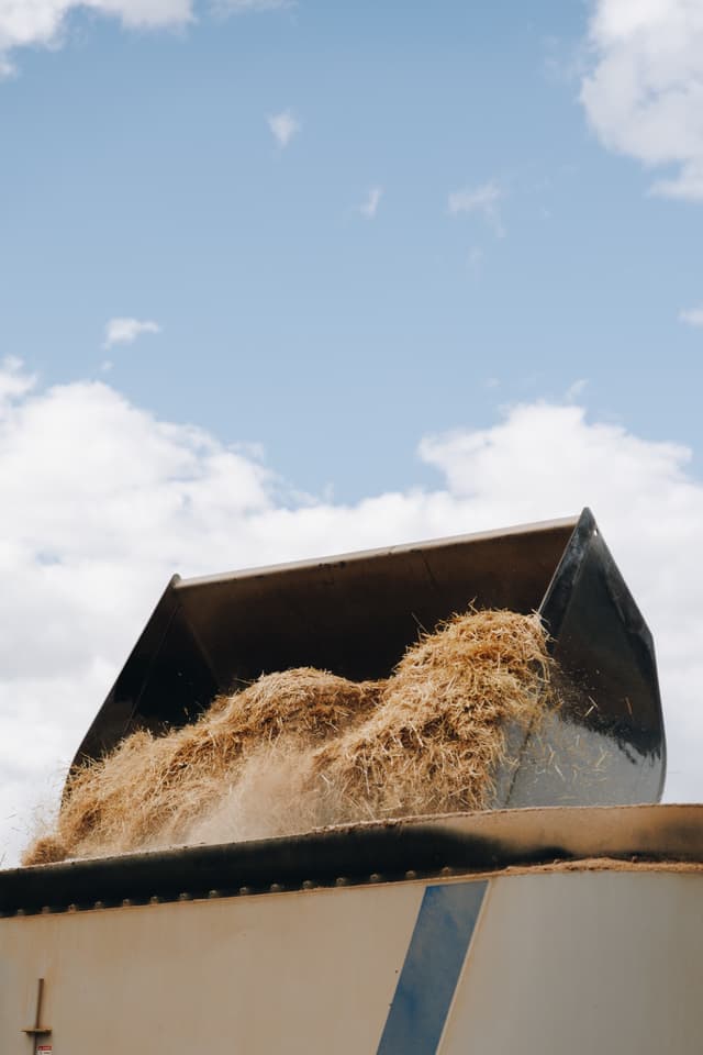 A front loader bucket tips a pile of hay into a feed trough against a blue sky, on a Providore Global farm.