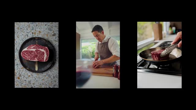A three panel sequence shows a Providore Global wagyu steak raw, being sliced, and searing in a pan.