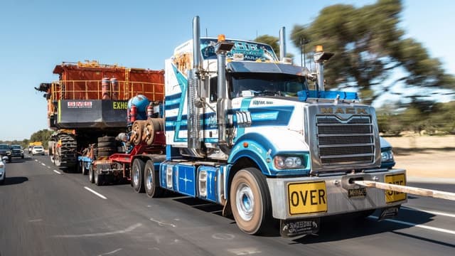 For ROADBOSS, a blue and white Mack prime mover hauls an oversized mining load down a highway.
