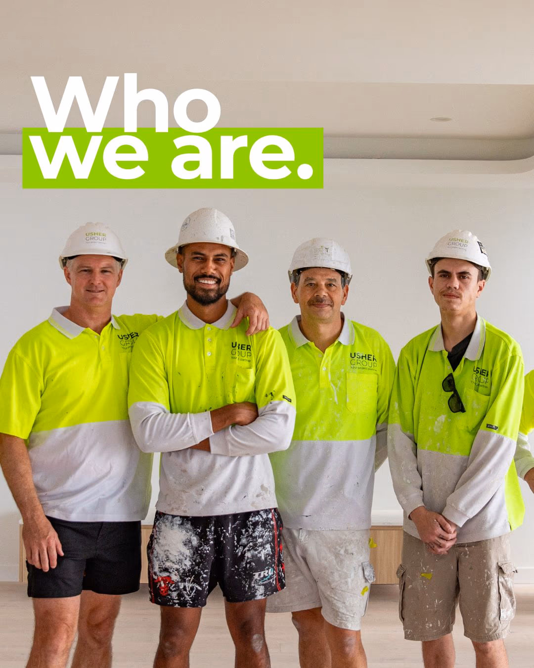 Four Usher Group team members in hard hats and hi-vis shirts under the heading Who we are.