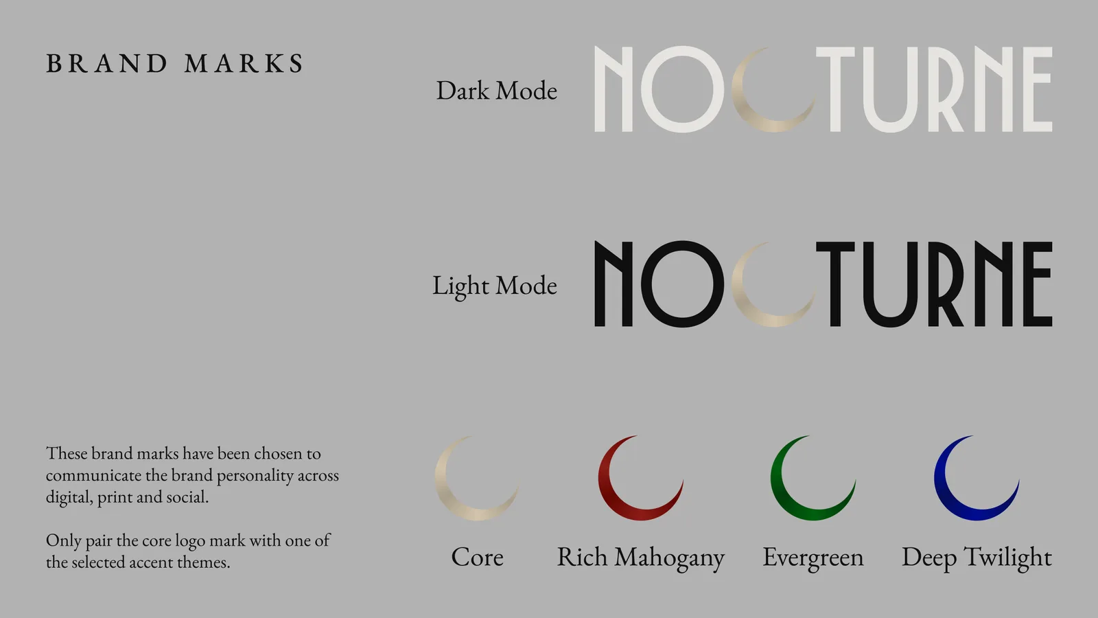 The Nocturne crescent brand mark shown four times in Pale Oak, Rich Mahogany, Evergreen and Deep Twilight, above the light and dark wordmarks.