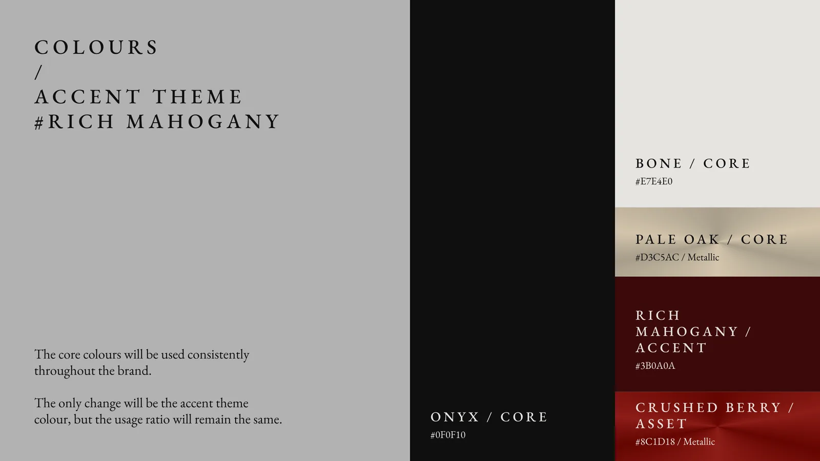 The Nocturne colour palette page showing Onyx, Bone and Pale Oak as core colours with Rich Mahogany and Crushed Berry as the accent theme.