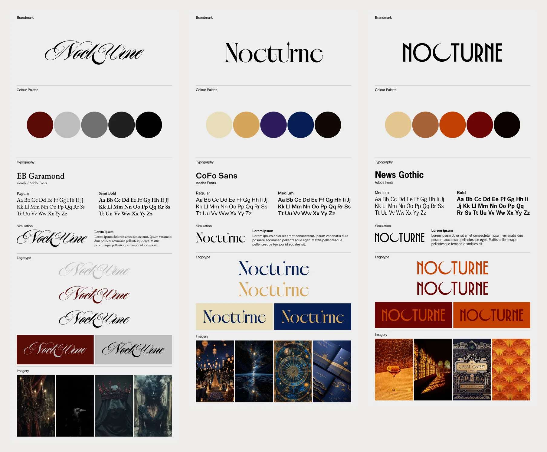 Three Nocturne brand direction boards side by side: a gothic script route, a celestial serif route, and an Art Deco route, each showing a logotype, colour palette, typography and imagery.