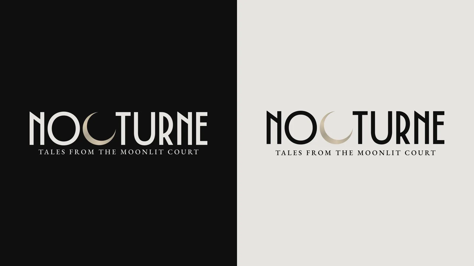 The Nocturne wordmark shown in dark mode on an Onyx ground and light mode on a Bone ground, with the crescent moon replacing the letter C.