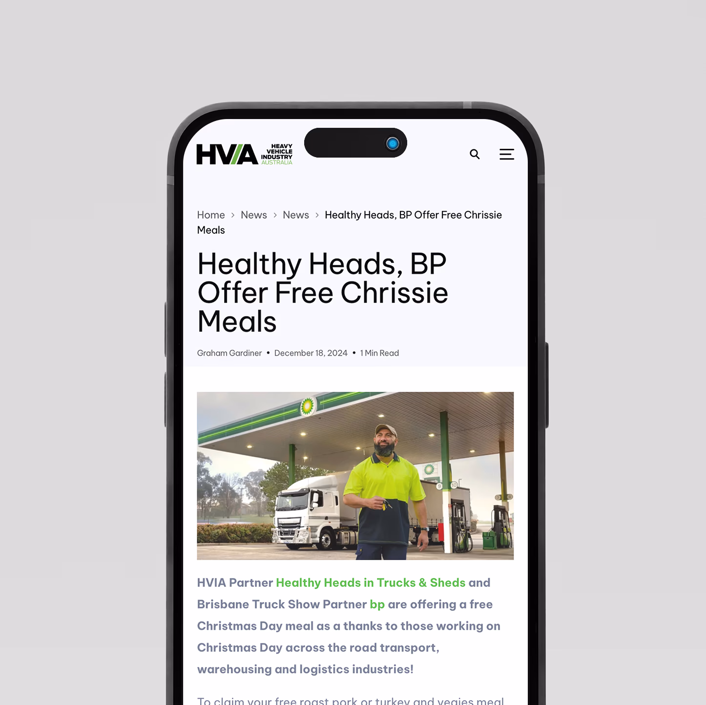 HVIA news article on mobile, “Healthy Heads, BP Offer Free Chrissie Meals”
