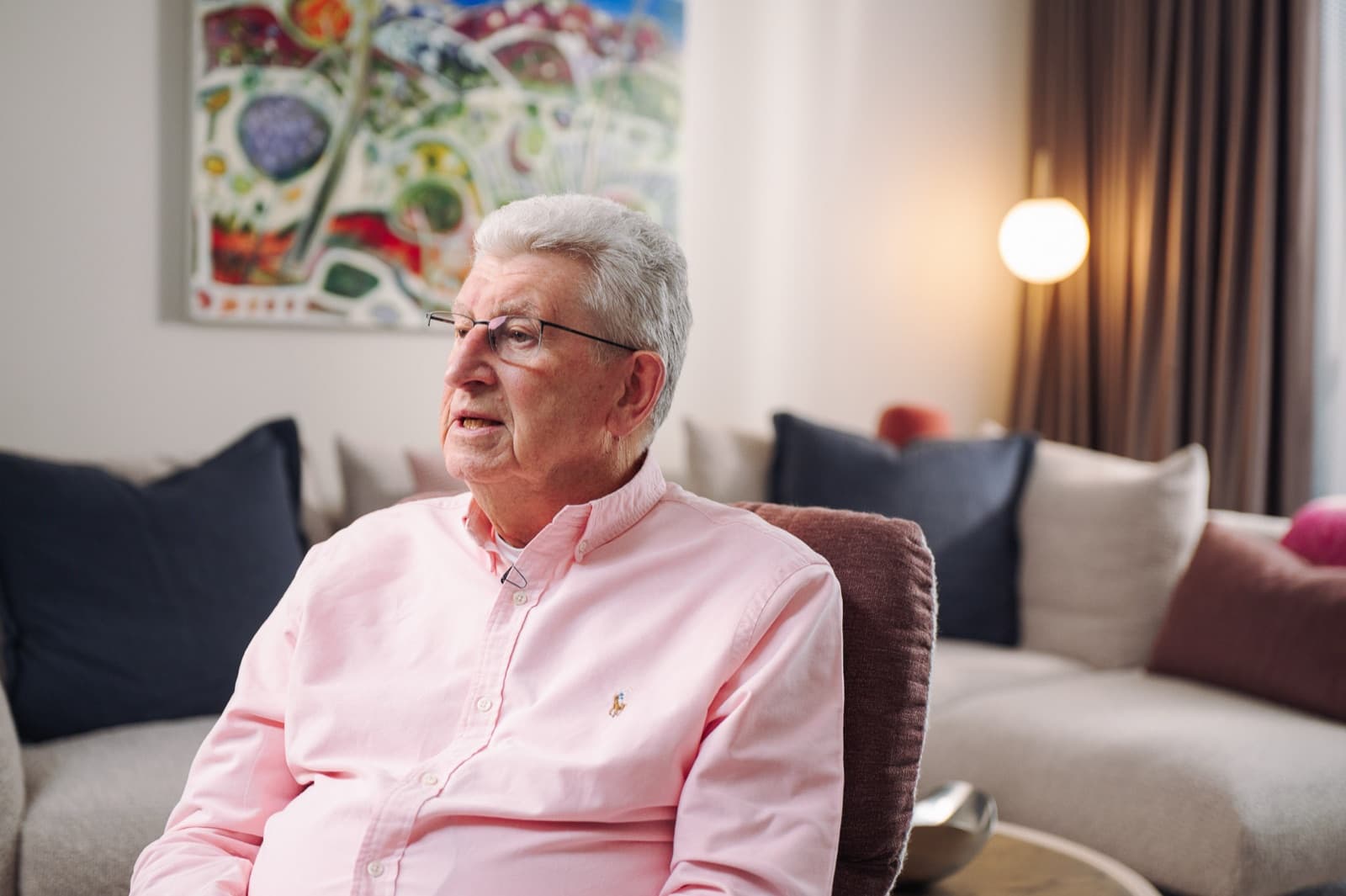 Tim in his lounge room at Robin Syme during his interview