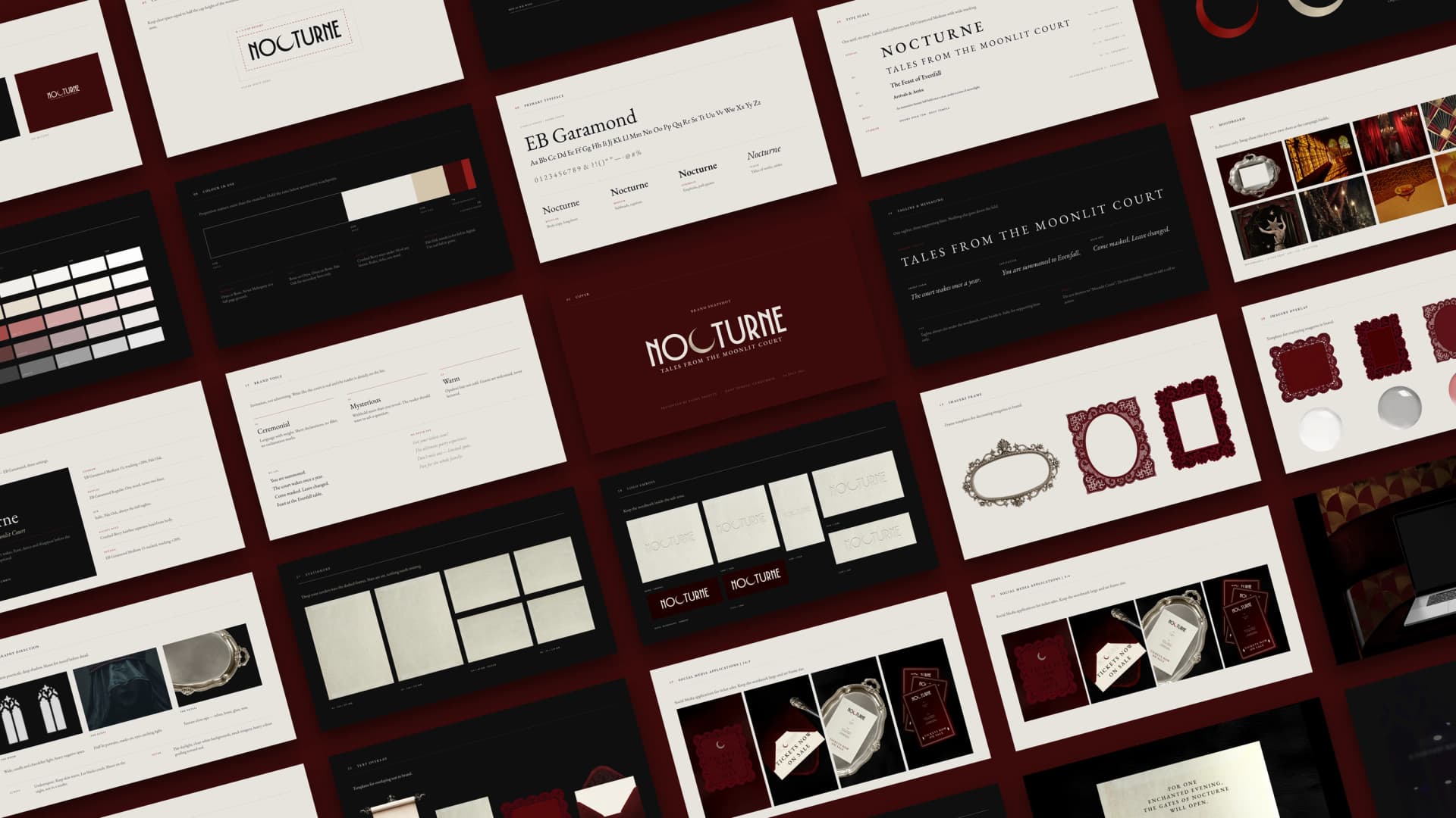Spreads from the Nocturne brand guideline laid out in a grid: wordmark construction, colour, EB Garamond type scale, brand voice, imagery direction, stationery and social templates.
