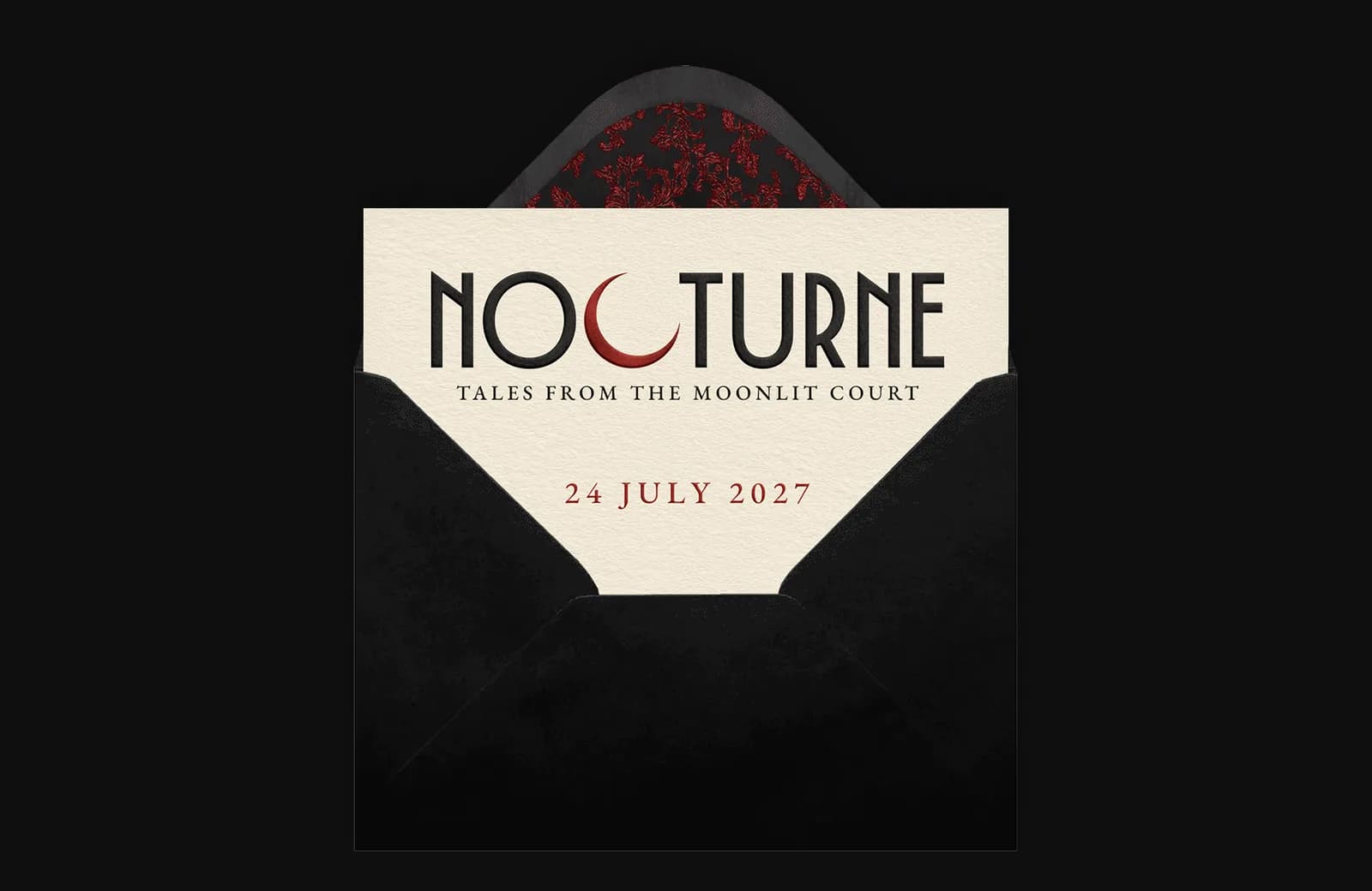 The Nocturne invitation emerging from a black envelope with a red damask liner.