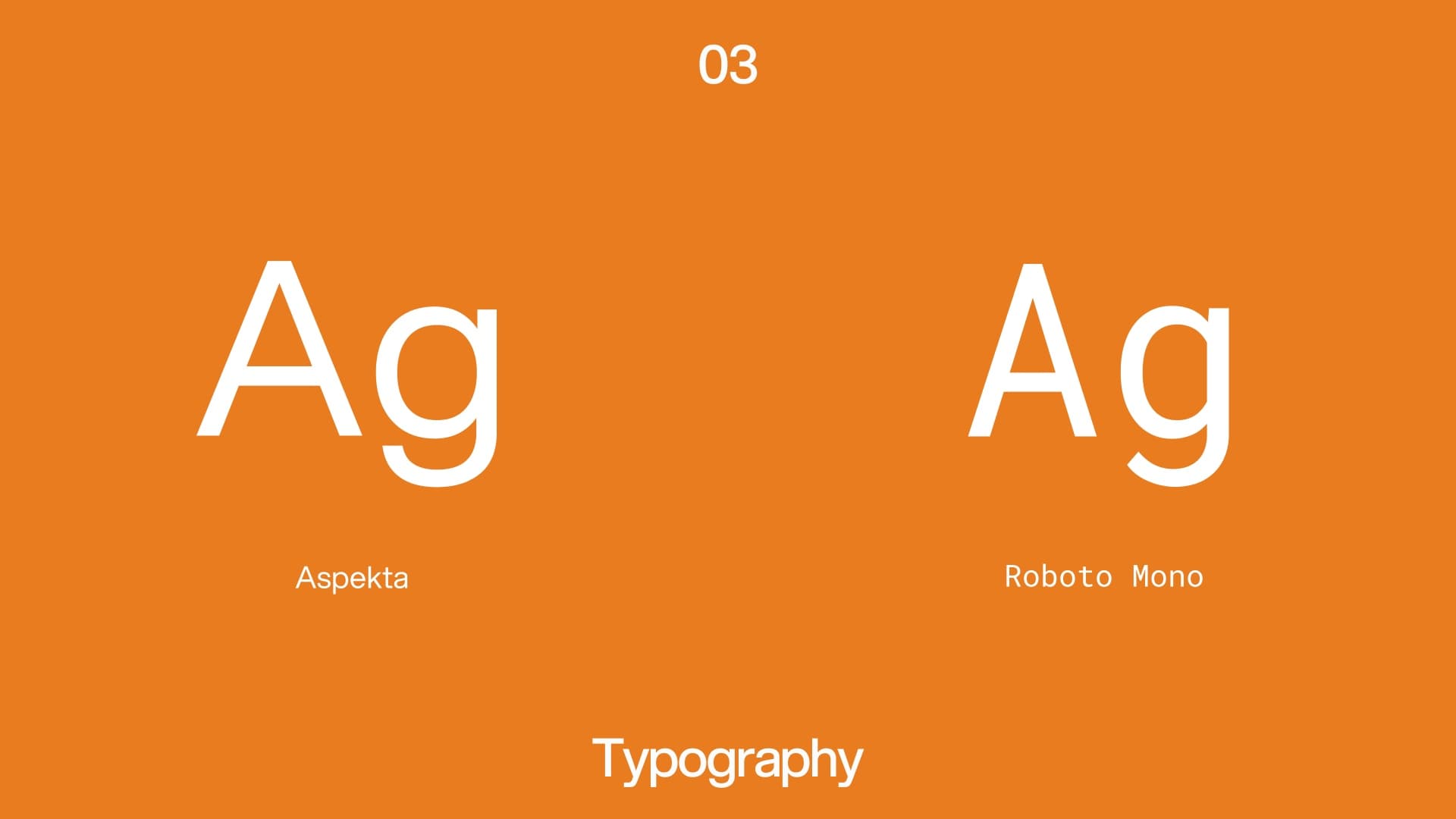 The typography page of the guideline, pairing Aspekta with Roboto Mono on Harvest Orange.