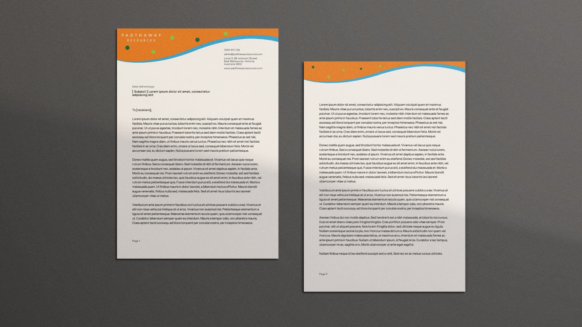 The Padthaway letterhead, with the orange and blue river band running across the head of the page.