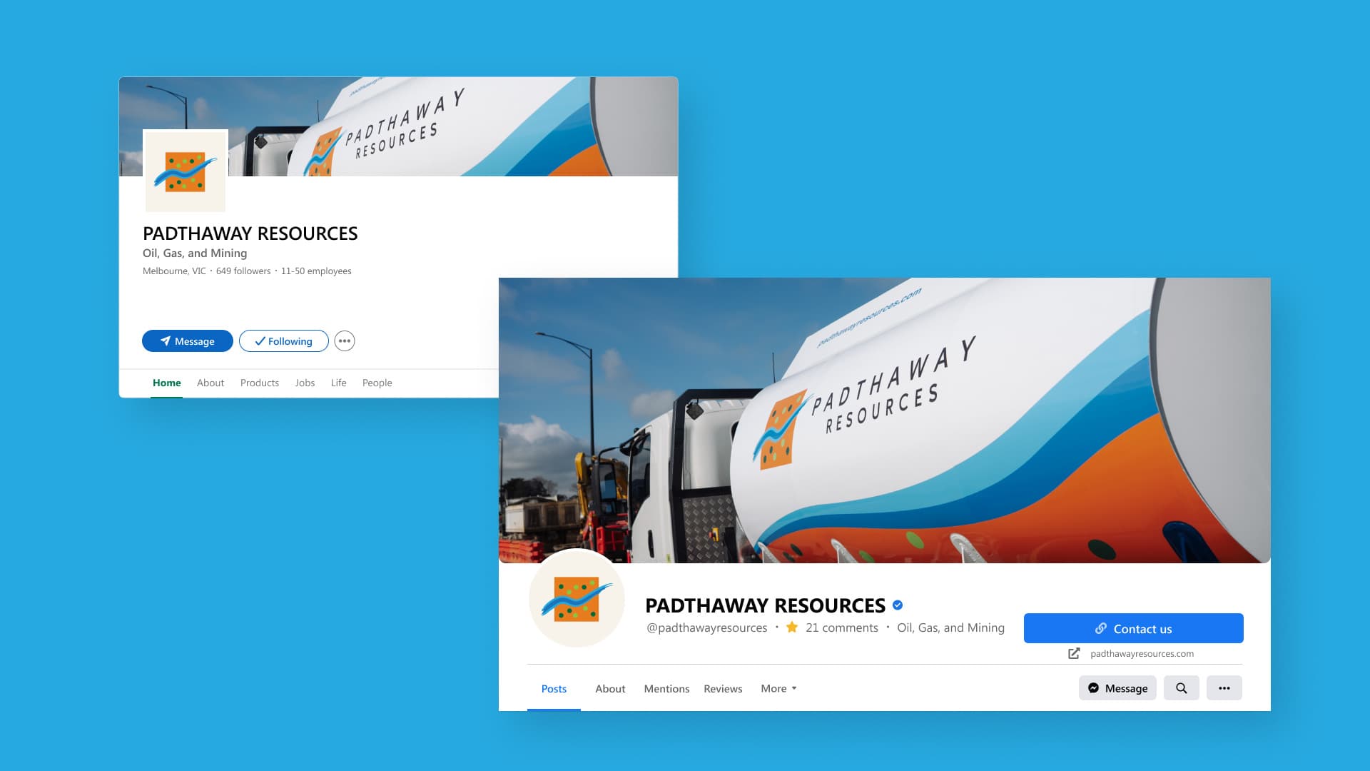 Padthaway social profiles with the tanker livery as the cover image and the symbol as the avatar.